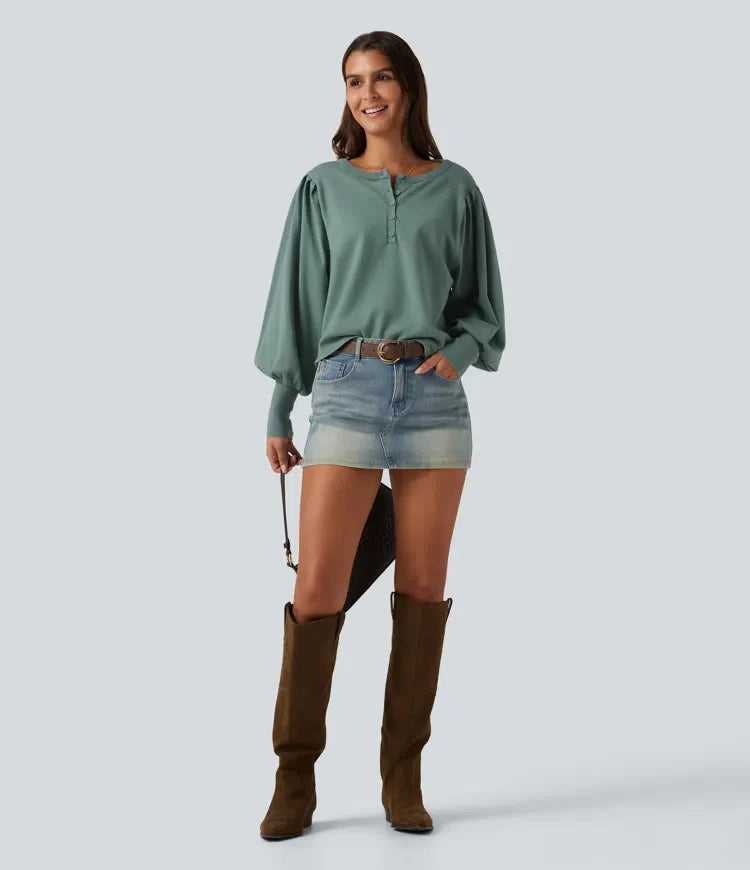 Henley Neck Puff Long Sleeve Relaxed Work Jumper