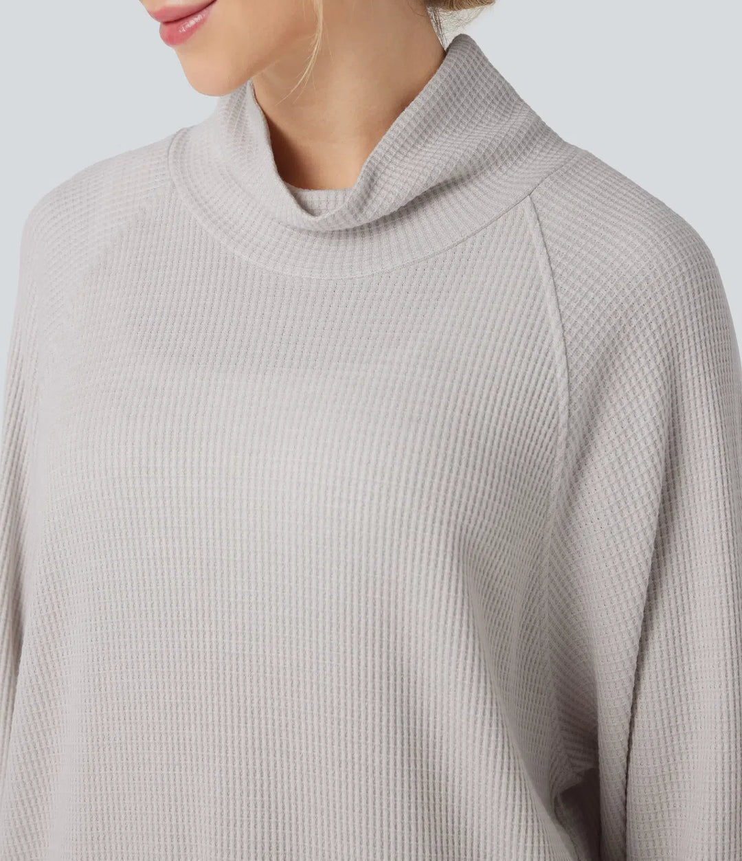 High-neck Long Sleeve Thumb Holes Oversized Waffle Casual Sweatshirt with Pockets