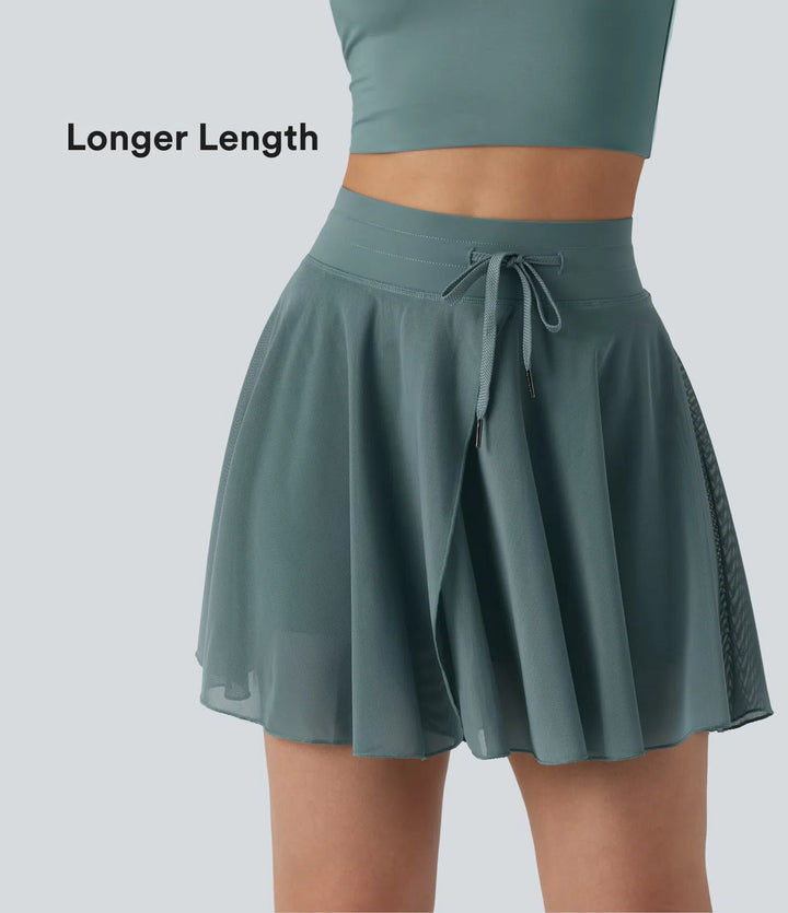 High Waisted Drawstring Contrast Mesh 2-in-1 Pocket Flowy Mini Flare Casual Skirt-Longer Length