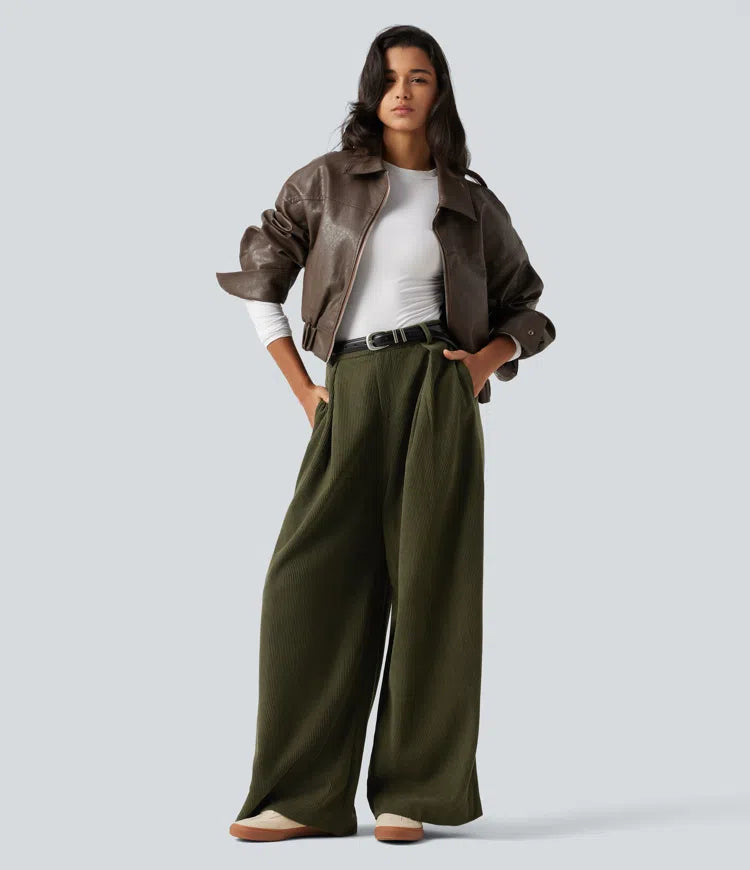 High Waisted Baggy Corduroy Casual Trousers with Pockets