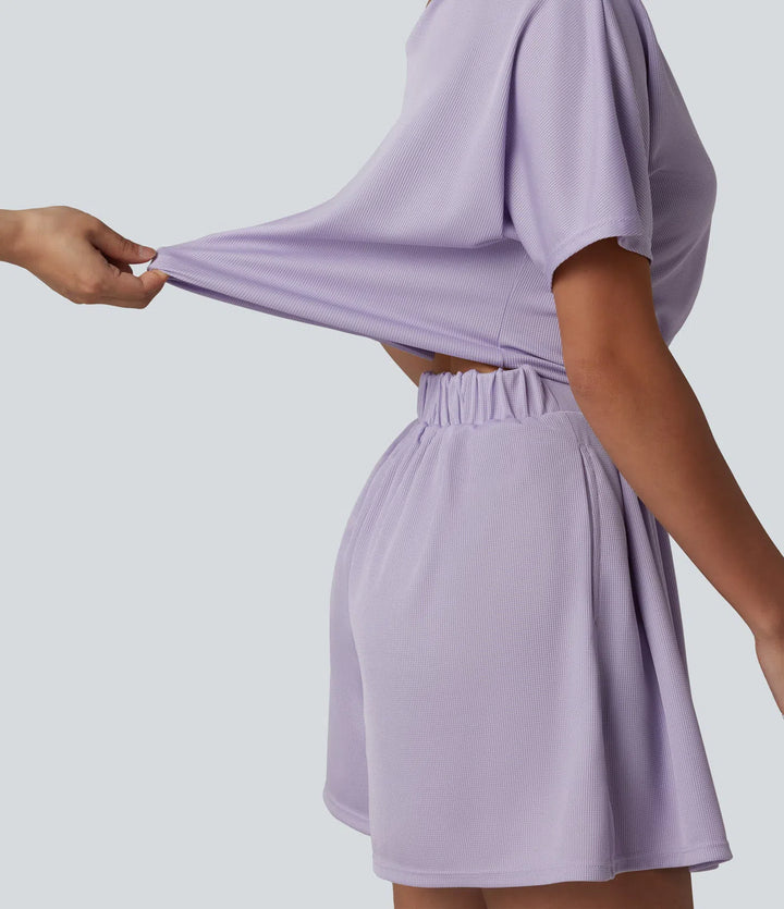 One Shoulder Short Sleeve Pleated Waffle Casual Playsuit with Pockets-Easy Peezy Edition
