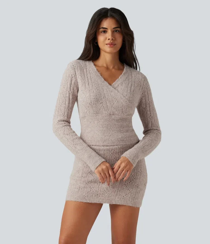 V Neck Long Sleeve Scallop Hem Open Knit Casual Jumper