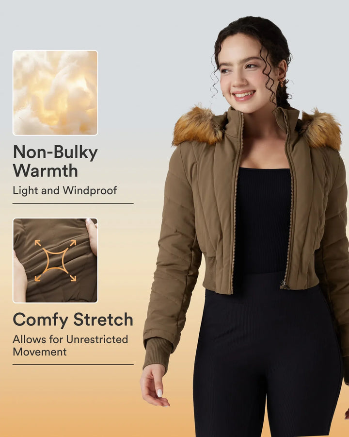 PuffFlex Removable Faux Fur Trim Hooded Long Sleeve Casual Padded Jacket