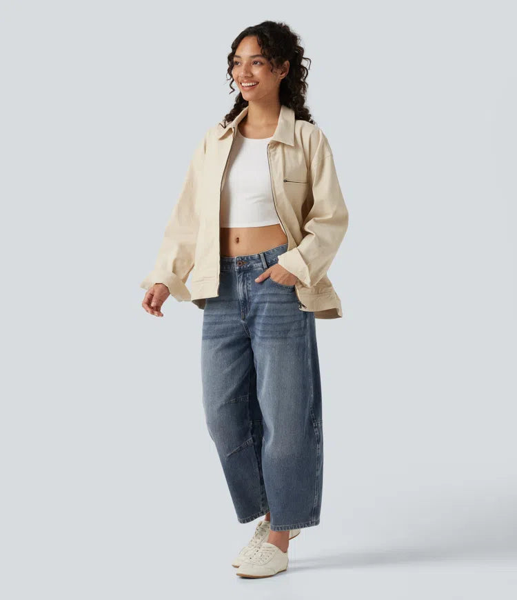 Halara Flex Low Rise Zipper Pockets Barrel Leg Casual Jeans