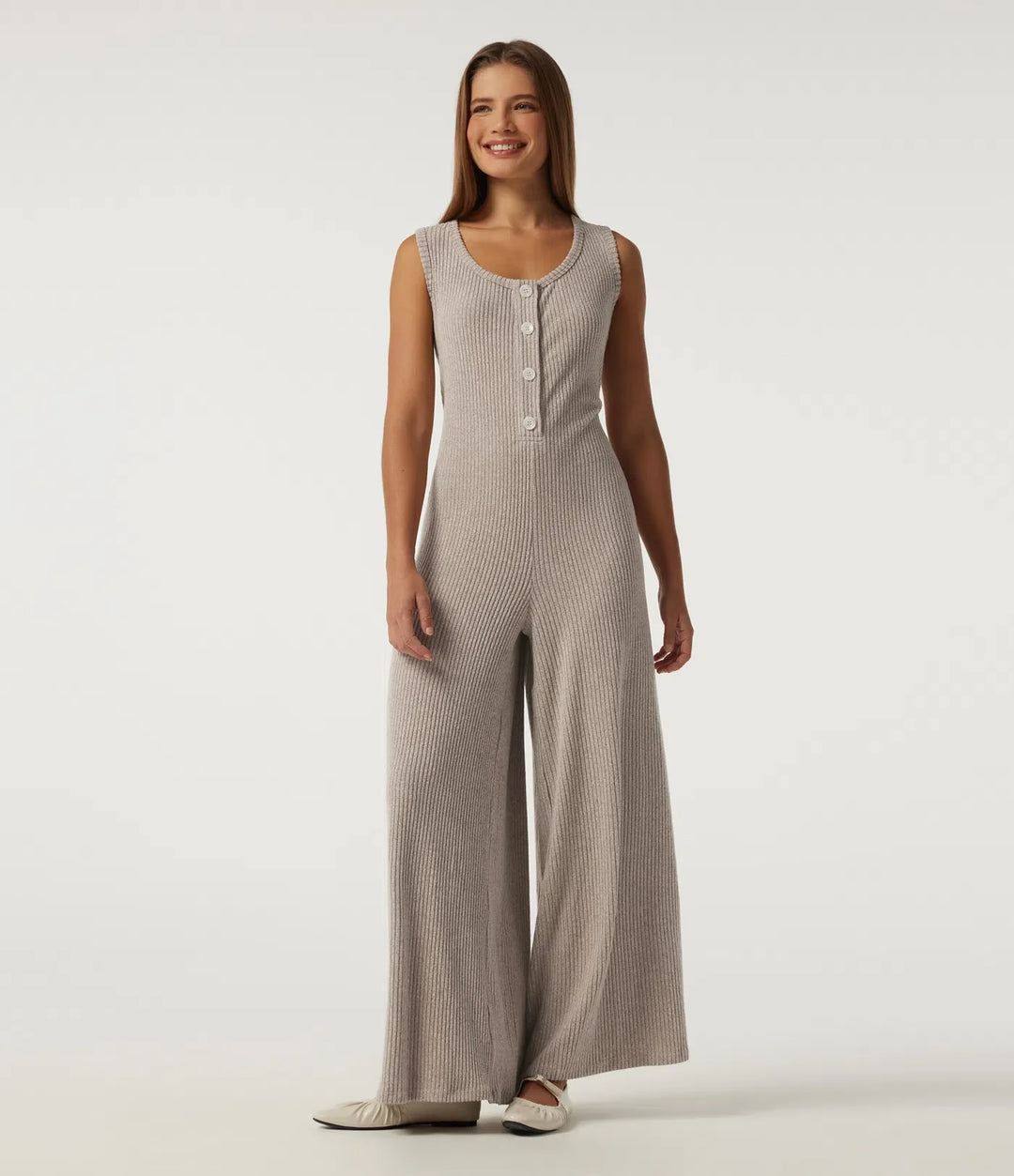 Ribbed Knit U Neck Wide Leg Casual Jumpsuit with Pockets