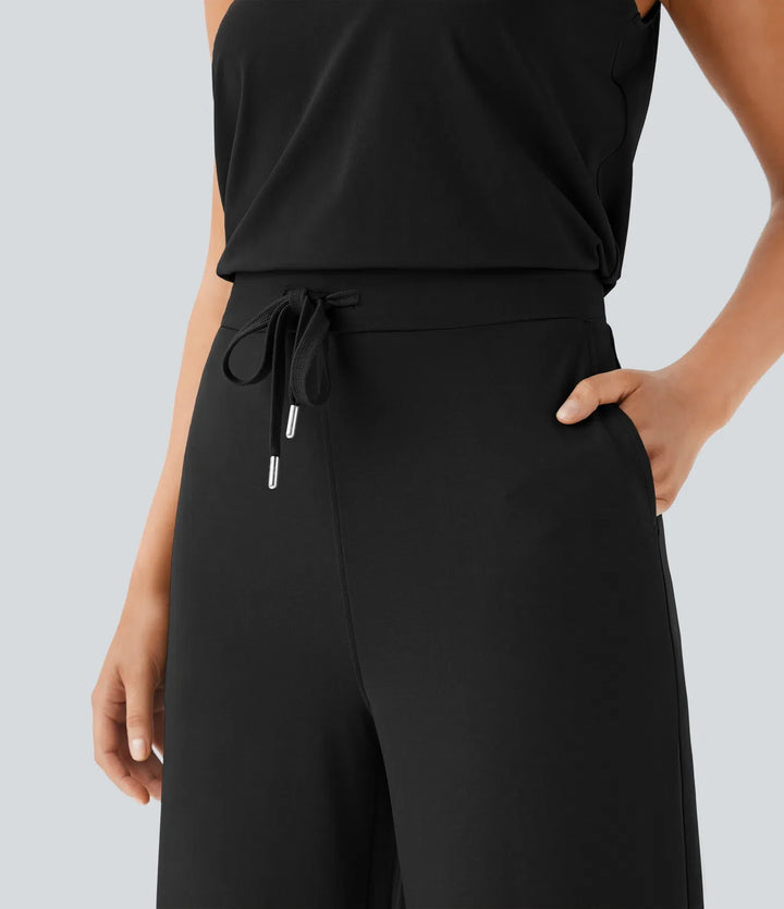 Round Neck Sleeveless Keyhole Back Drawstring Pocket Casual Jumpsuit