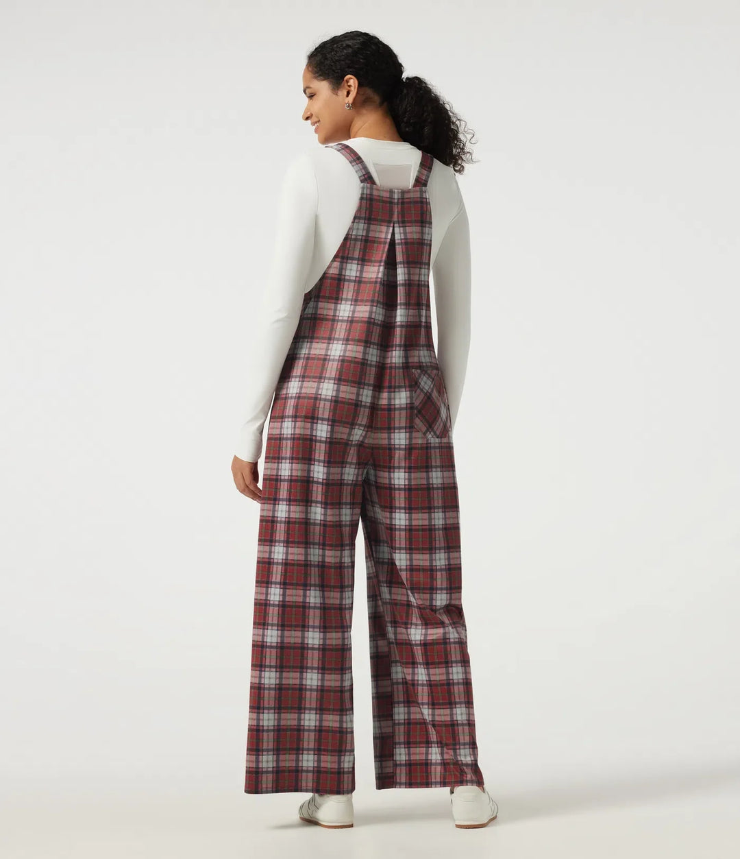 Square Neck Plaid Wide Leg Overalls with Pockets