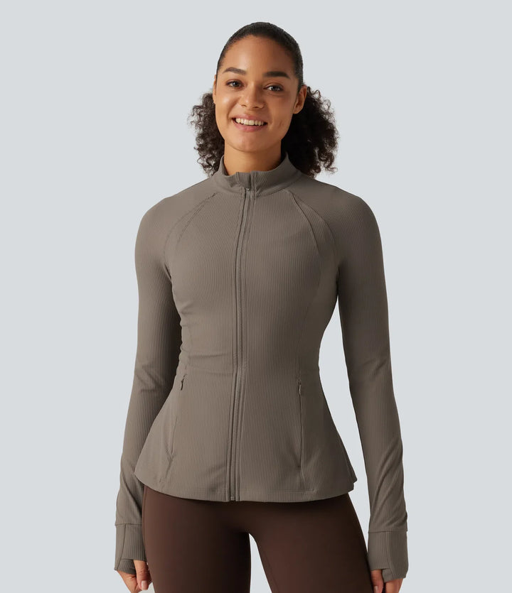 Ribbed Knit Stand Collar Long Sleeve Thumb Hole Yoga Jacket with Pockets