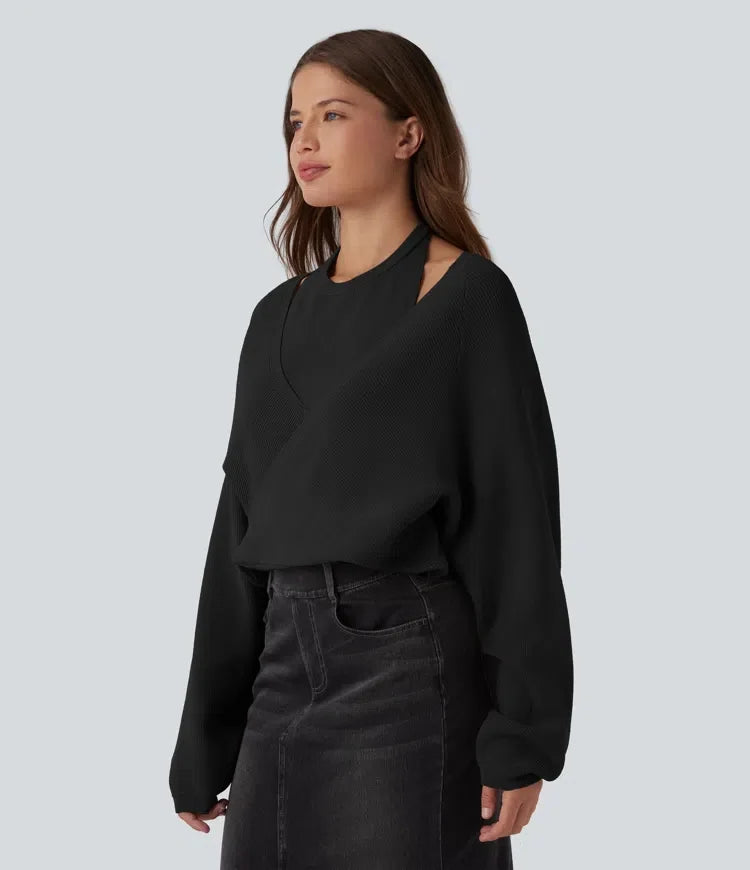 Halter Long Sleeve Wrap 2-in-1 Casual Jumper