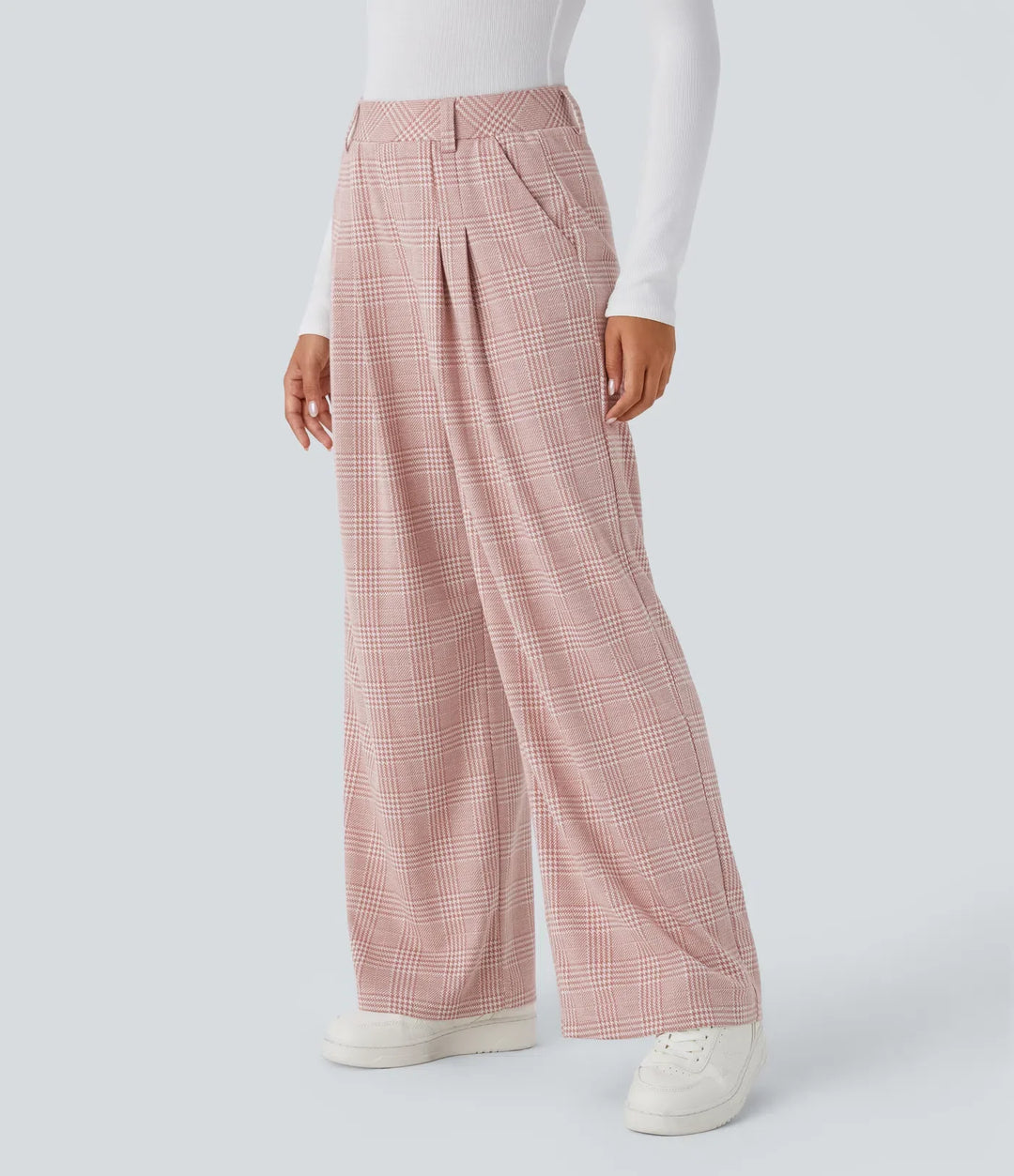 High Waisted Pocket Wide Leg Baggy Houndstooth Plaid Casual Trousers