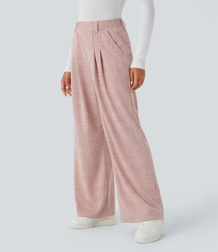 High Waisted Pocket Wide Leg Baggy Houndstooth Plaid Casual Trousers