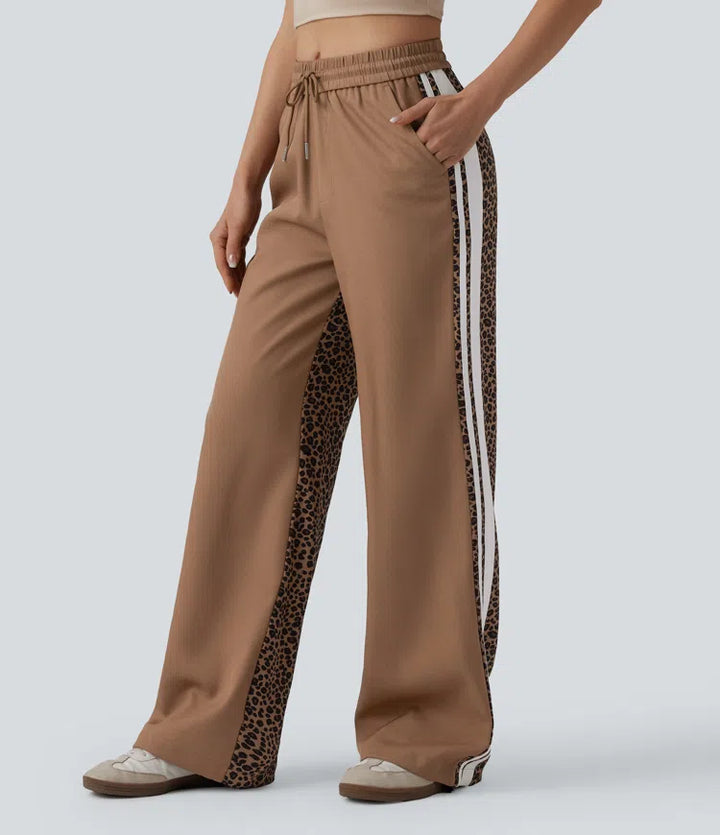 Mid Rise Drawstring colourBlock Stripes Contrast Leopard Casual Baggy Trousers with Pockets