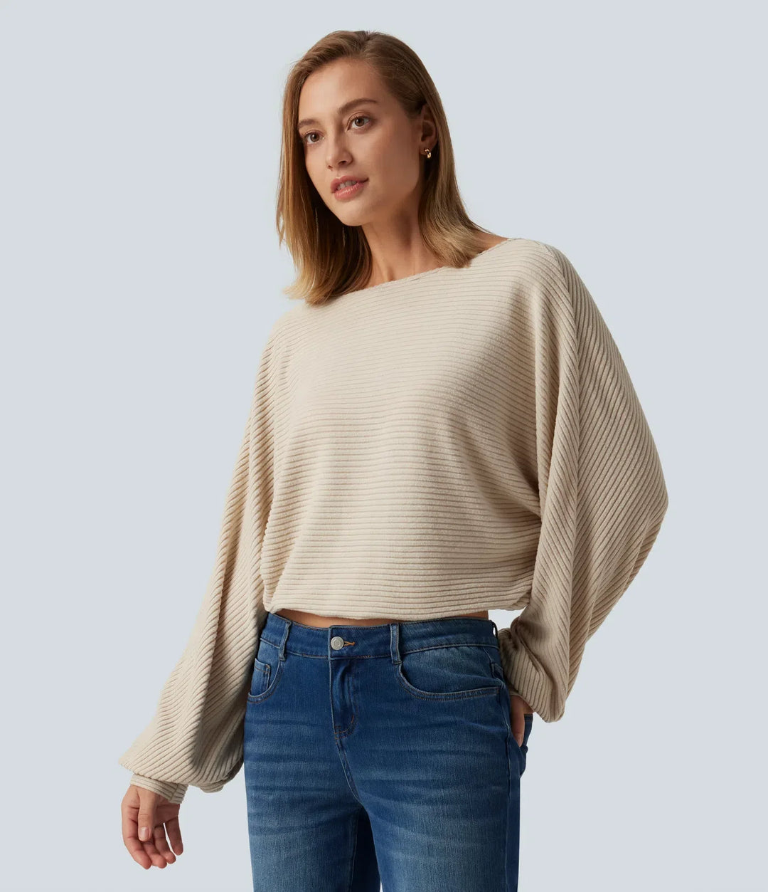 Ribbed Knit Boat Neck Long Sleeve V Back Casual Top