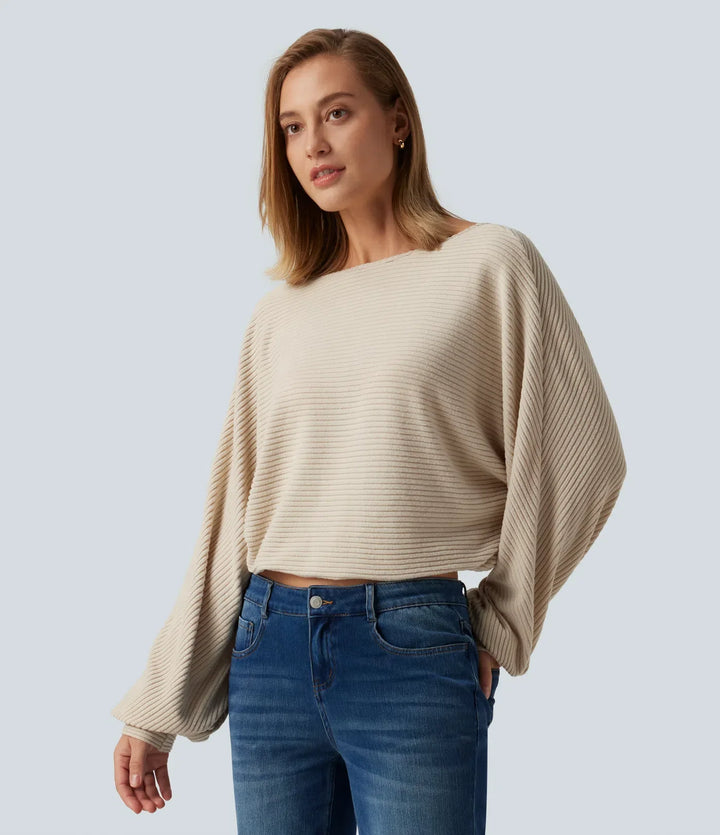 Ribbed Knit Boat Neck Long Sleeve V Back Casual Top
