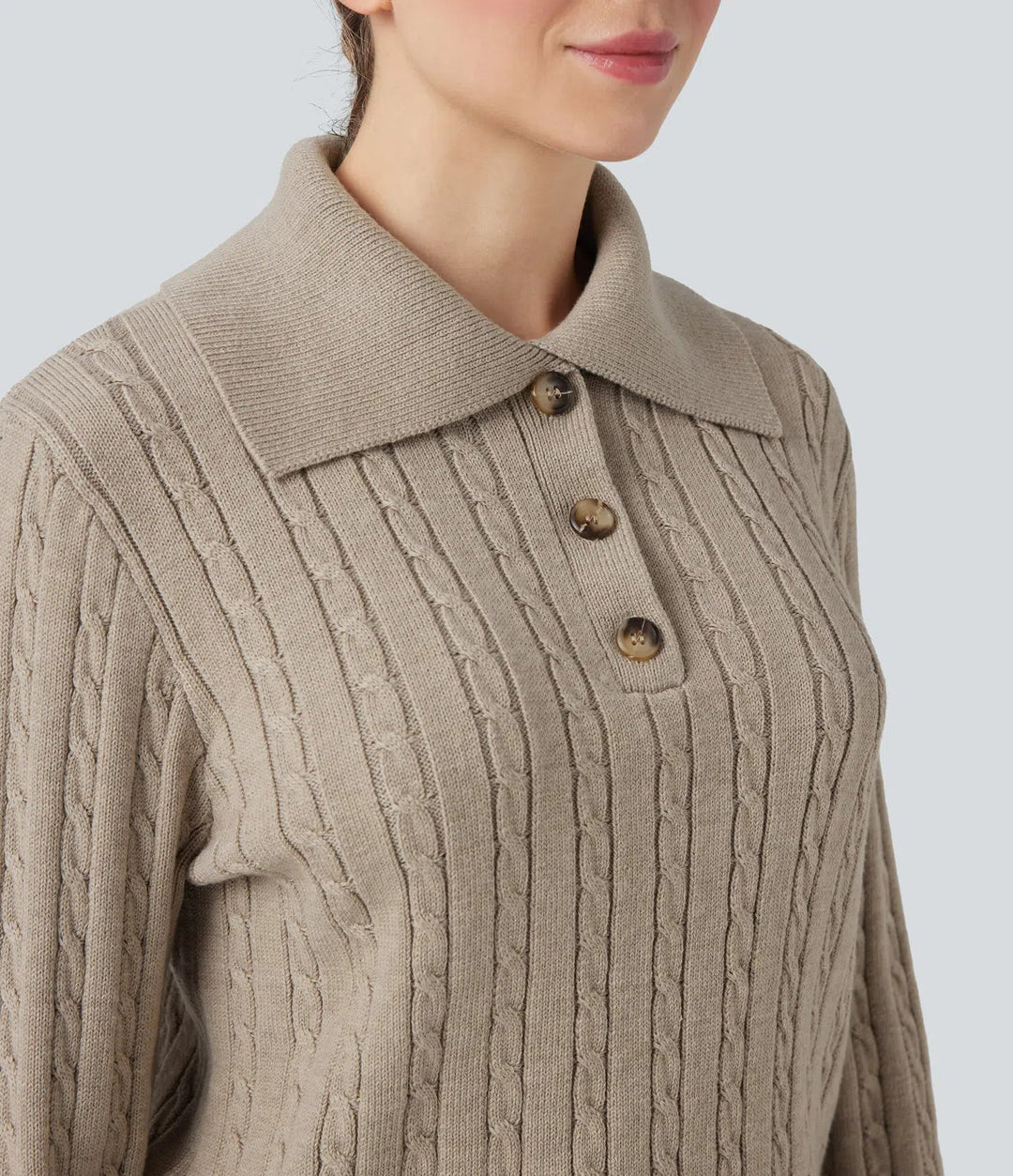 Lapel Long Sleeve Cable Knit Relaxed Fit Work Wool-Blend Jumper