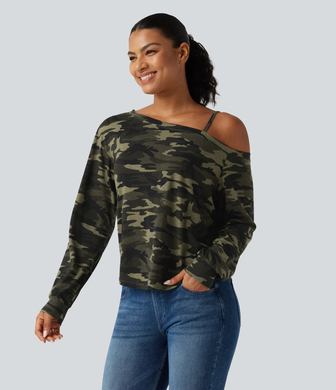 One Shoulder Long Sleeve Camo Casual Top