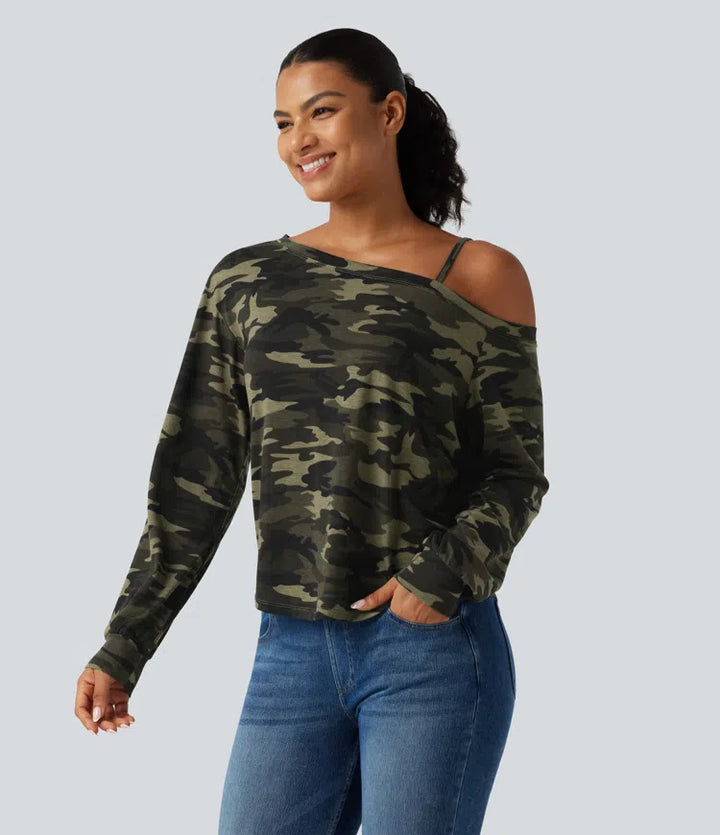 One Shoulder Long Sleeve Camo Casual Top