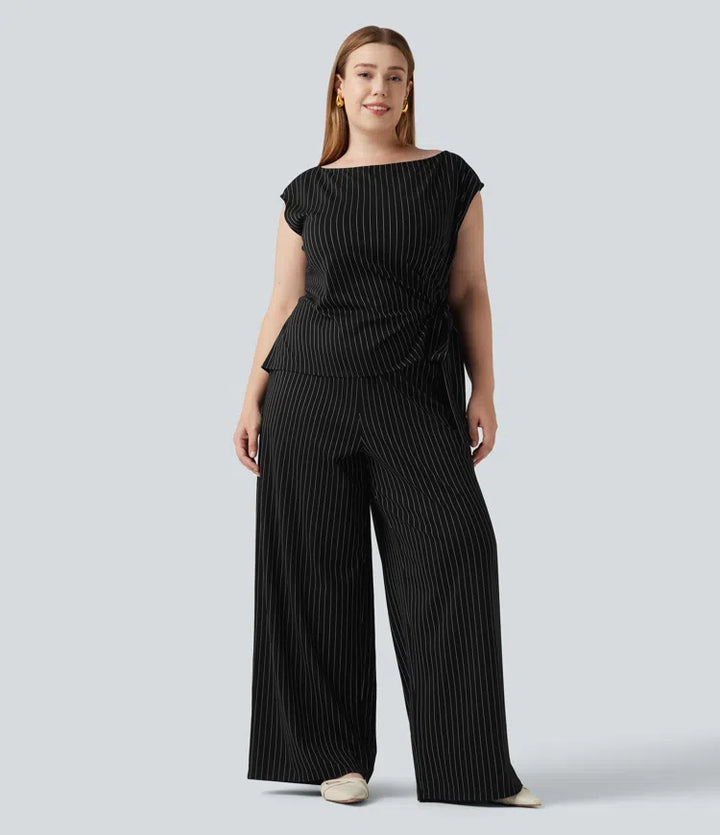 Plus Size Boat Neck Sleeveless Tie Side Cool Touch Stripe Work Jumpsuit with Pockets-Easy Peezy Edition