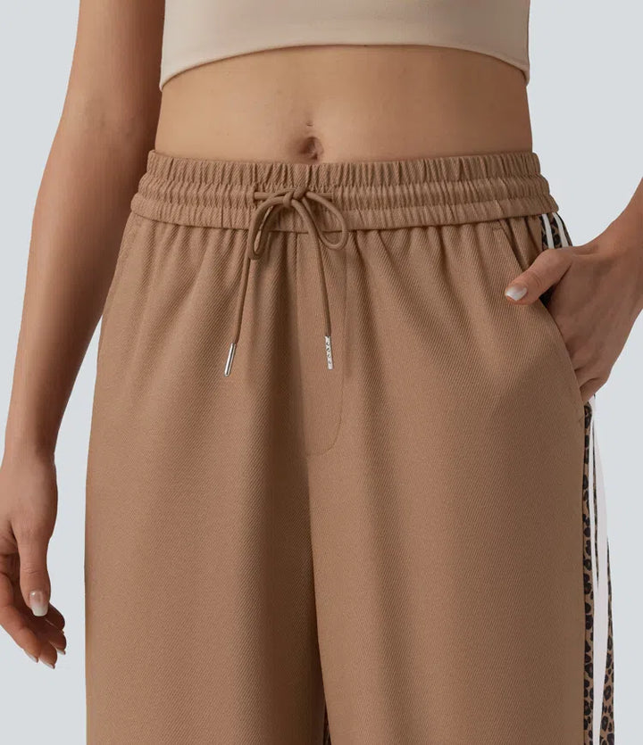 Mid Rise Drawstring colourBlock Stripes Contrast Leopard Casual Baggy Trousers with Pockets