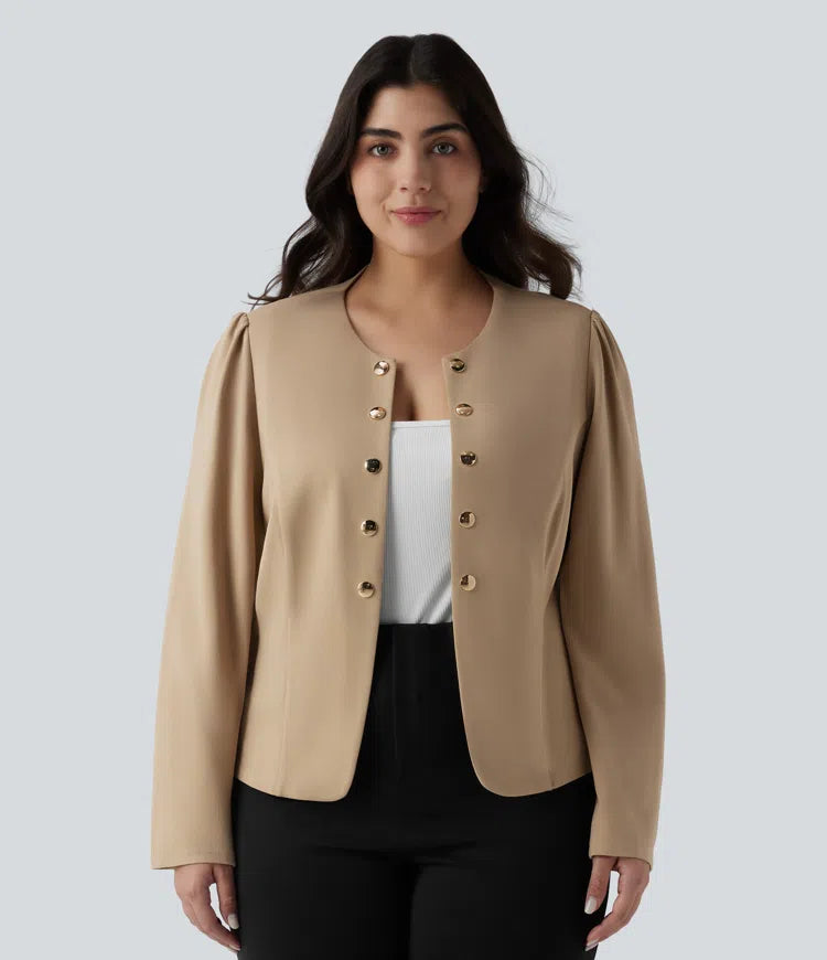 Plus Size Round Neck Long Sleeve Slim Work Blazer