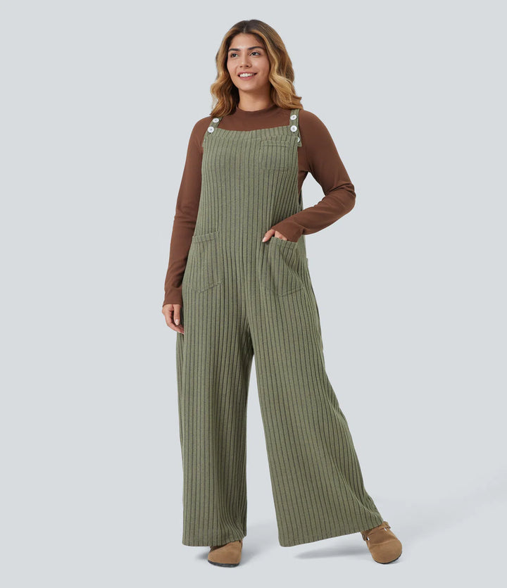 Ribbed Knit Fleece Casual Plus Size Dungarees with Pockets