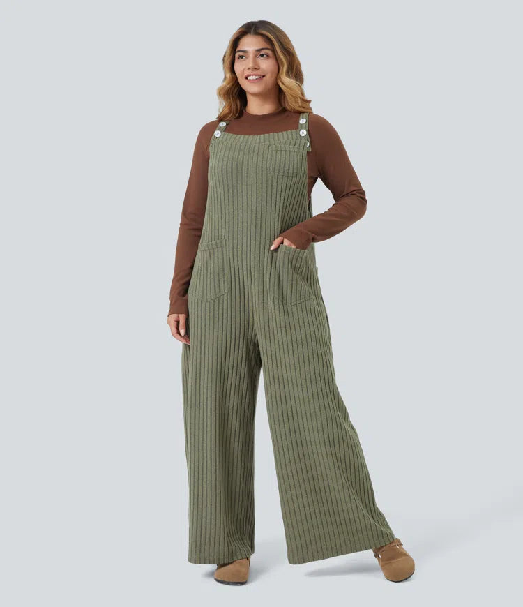 Ribbed Knit Fleece Casual Plus Size Dungarees with Pockets