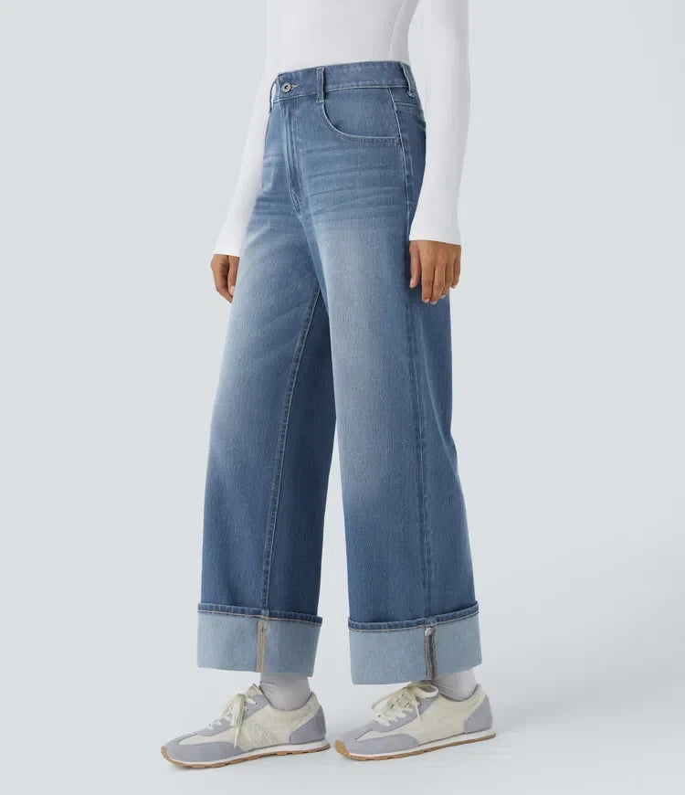 Halara Flex High Waisted Pockets Adjustable Hem Wide Leg Washed Casual Jeans