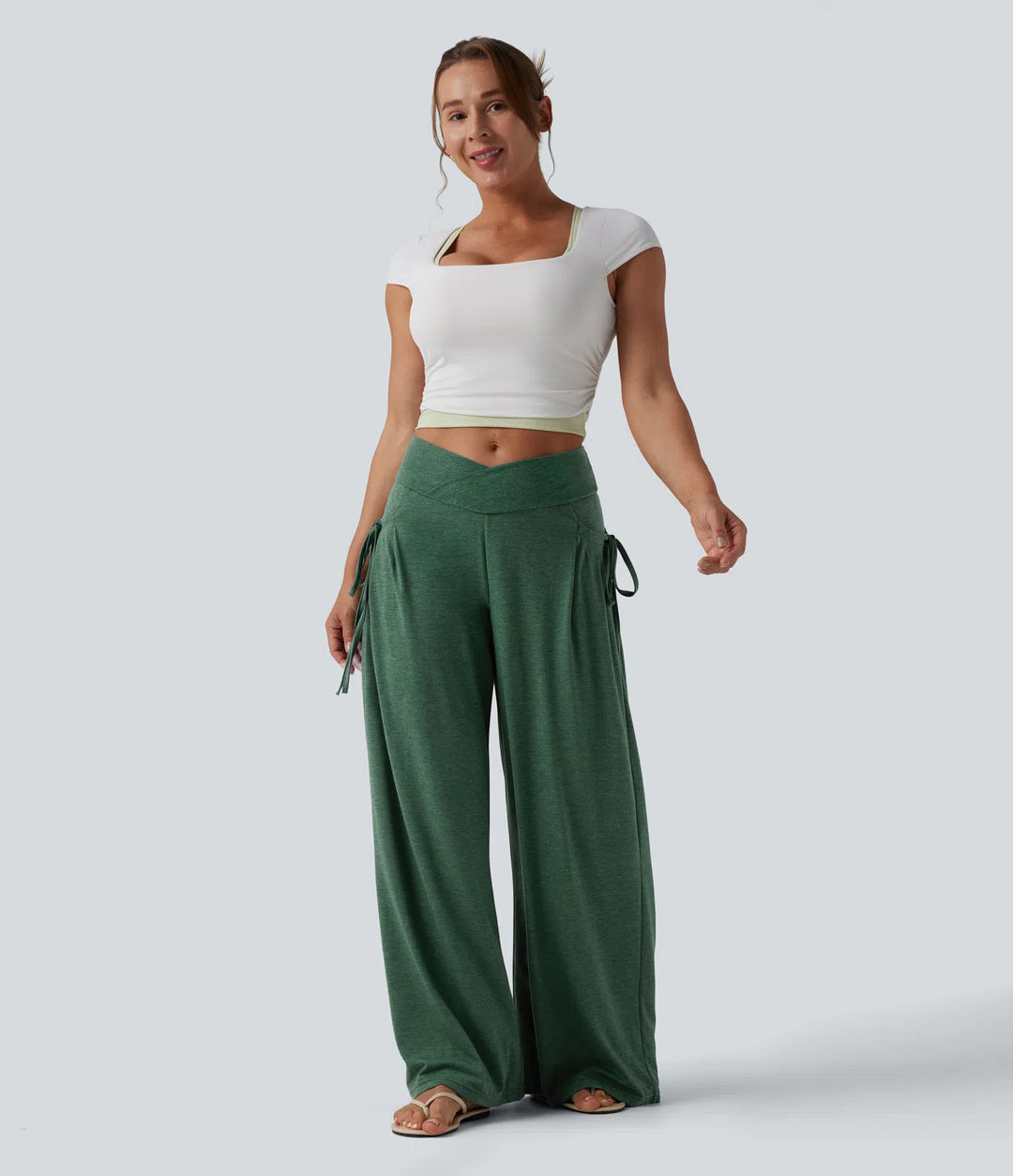 High Waisted Crossover Lace Up Wide Leg Heathered Casual Trousers with Pockets