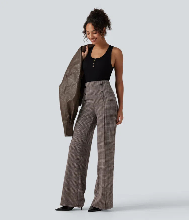 High Waisted Wide Leg Plaid Casual Trousers with Pockets