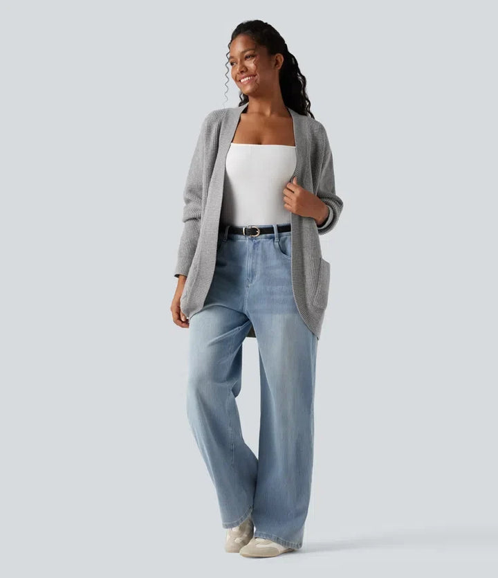 Open Front Long Sleeve Casual Cardigan with Pockets