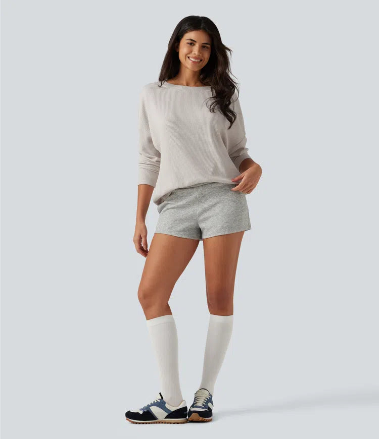 Boat Neck Batwing Long Sleeve Ruched Waffle Lounging Top