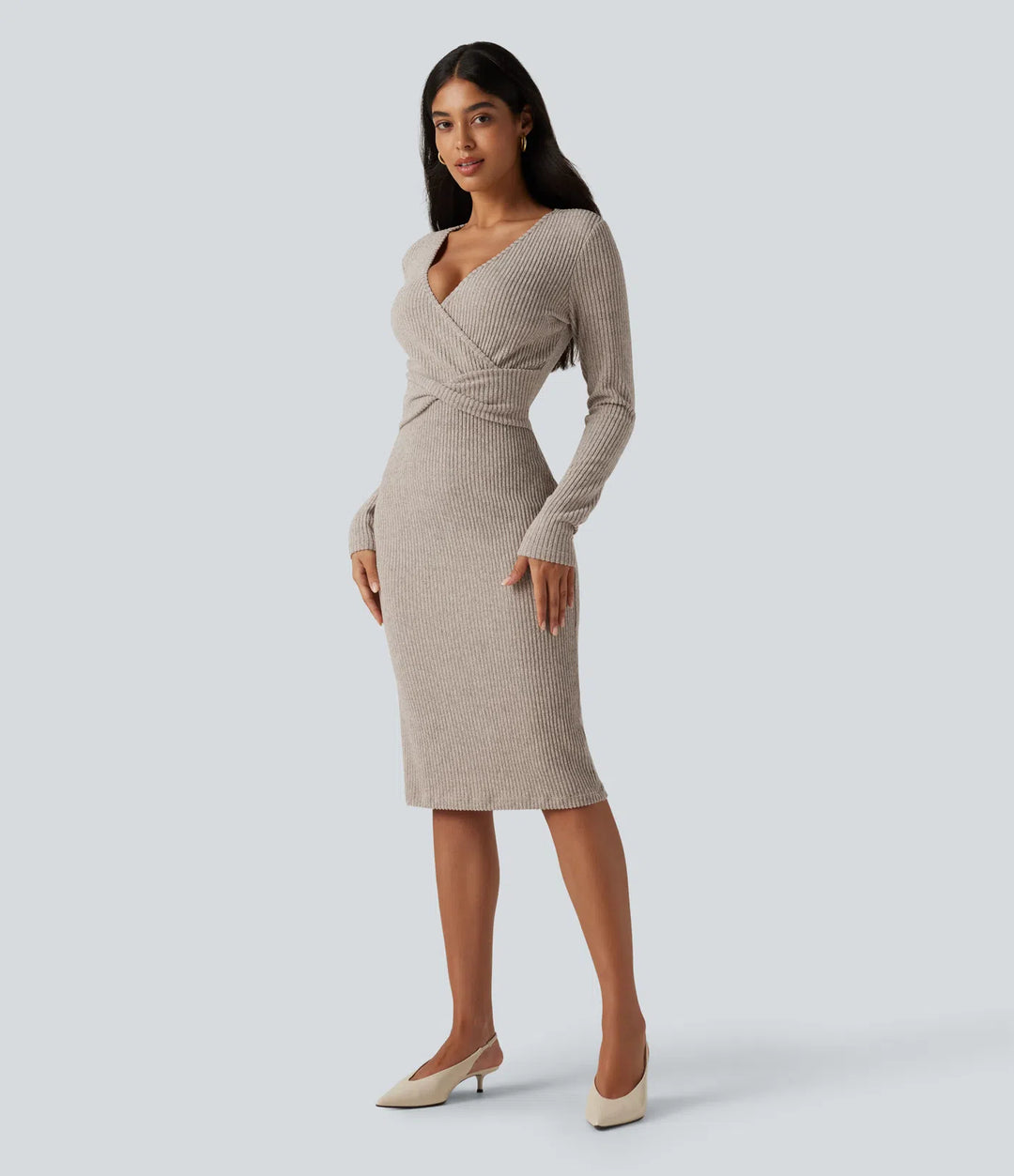 Ribbed Knit V Neck Long Sleeve Bodycon Midi Casual Dress