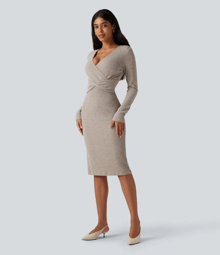 Ribbed Knit V Neck Long Sleeve Bodycon Midi Casual Dress