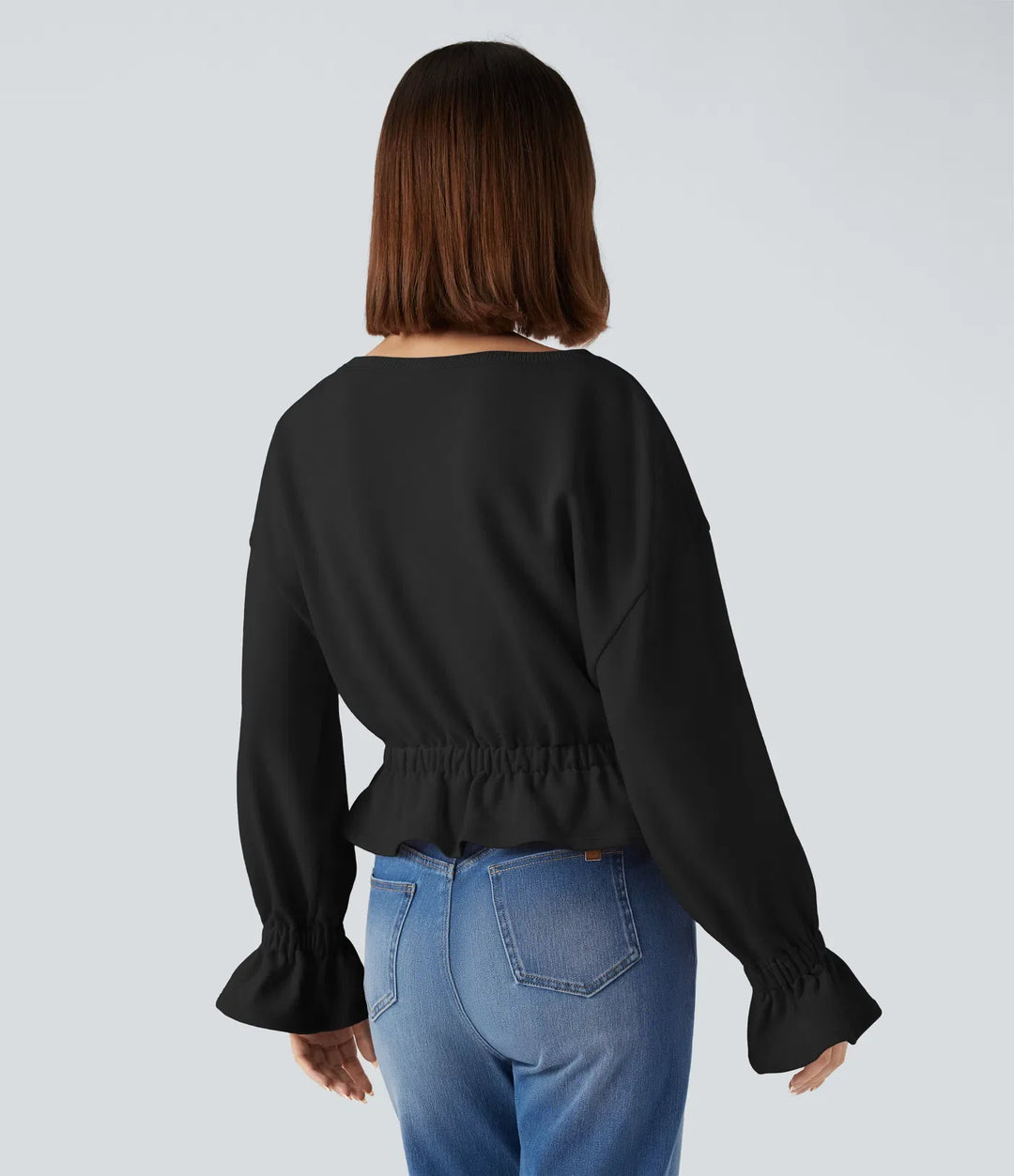 Round Neck Long Sleeve Ruffle Hem Casual Cotton Sweatshirt