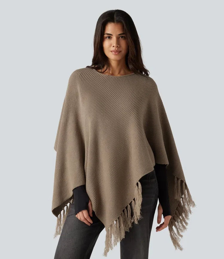 Boat Neck Fringe Poncho Cape Casual Jumper