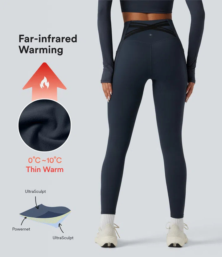 Halara Ultrasculpt Heat High Waisted Tummy Control Crossover Back Fleece Running Leggings with Pockets