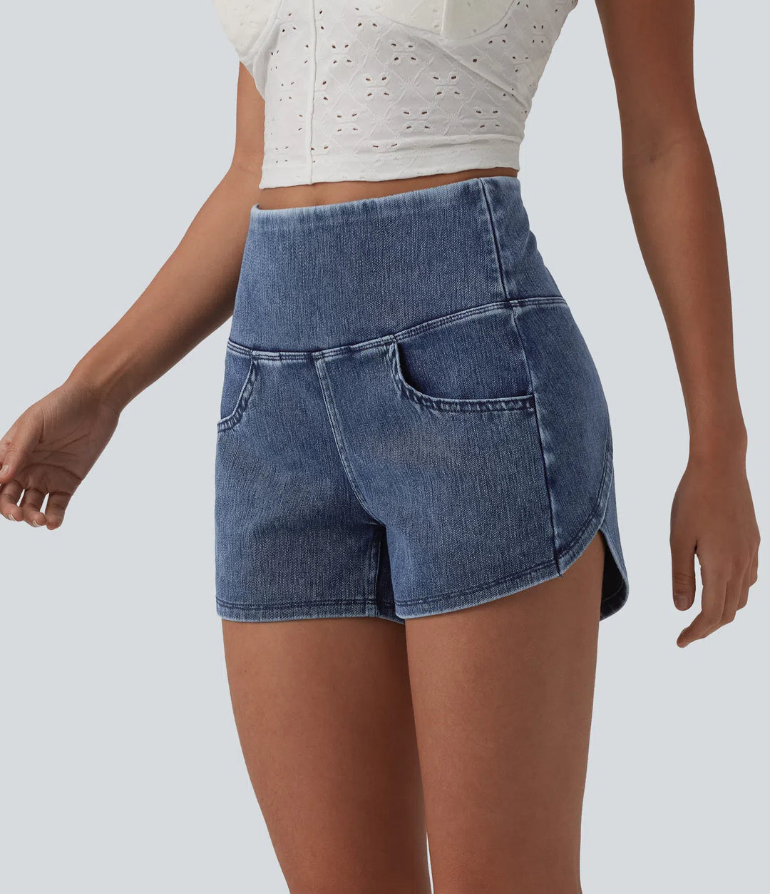 Halara Flex High Waisted Tummy Control Curved Hem Skinny Denim Casual Shorts with Pockets