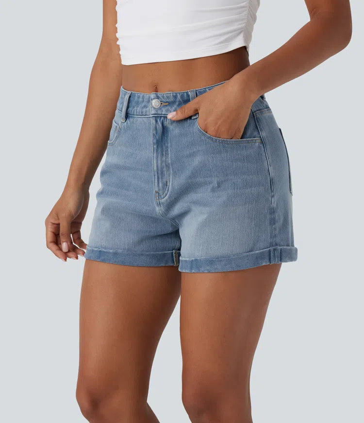 Halara Flex Mid Rise Zipper Pockets Denim Casual Shorts 3&