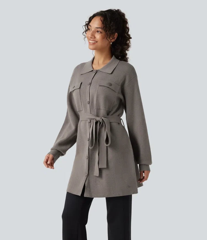 Long Sleeve Belted Longline Casual Jacket with Pockets