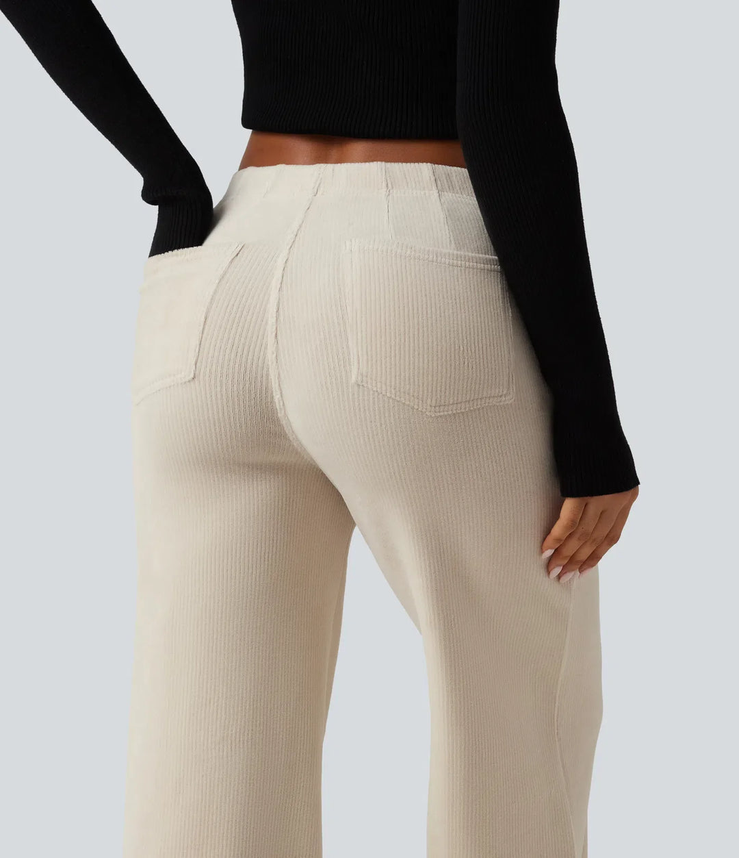 Mid Rise Wide Leg Corduroy Casual Trousers with Pockets