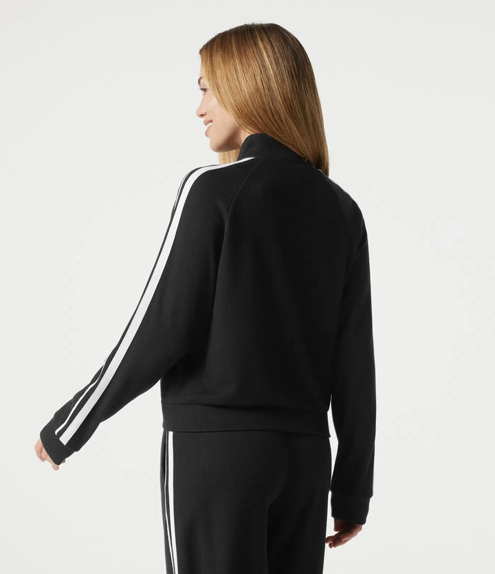 Ribbed Stand Collar Zipper Long Sleeve Color Block Casual Jacket with Pockets
