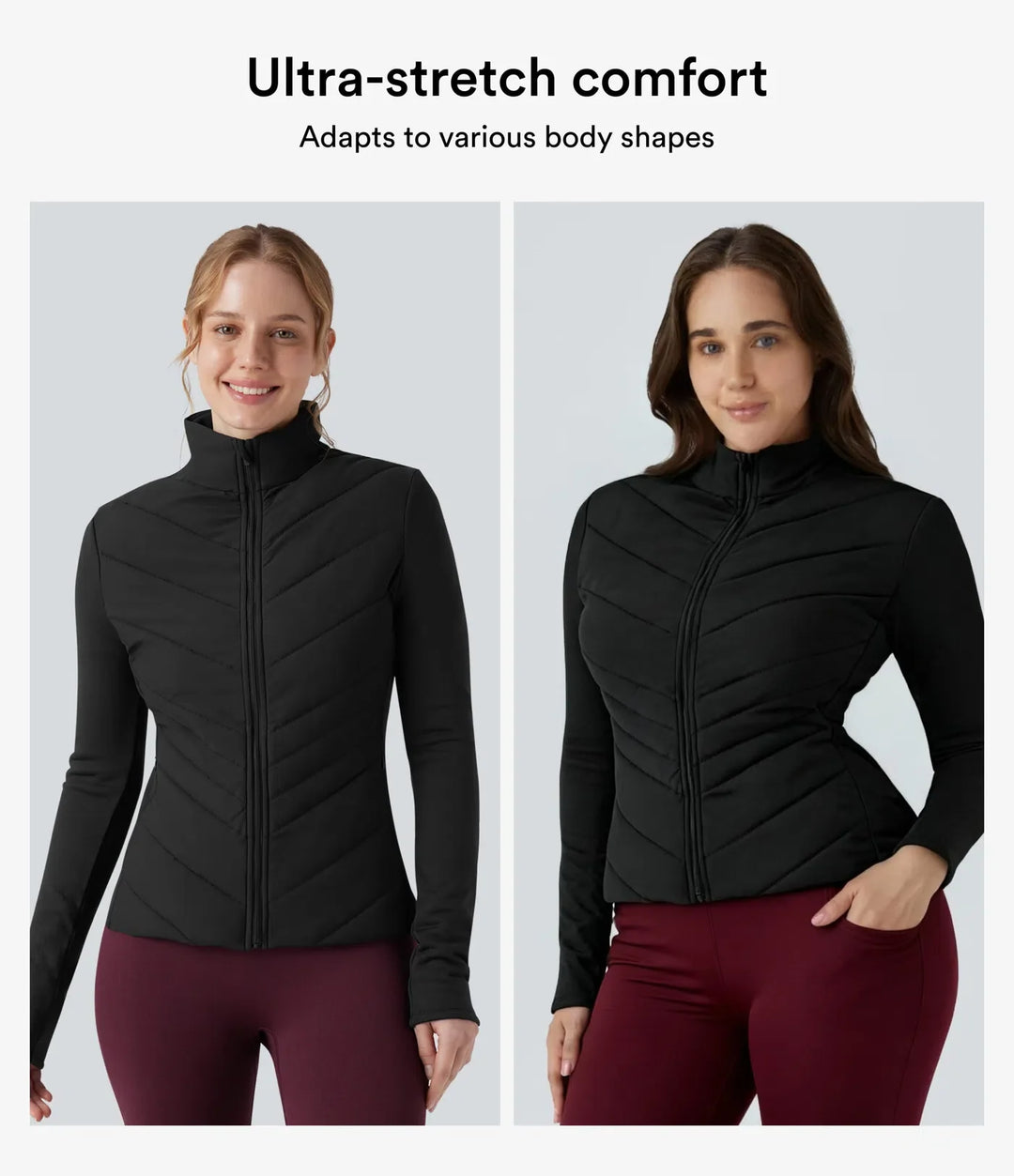 PuffFlex Stand Collar Zipper Long Sleeve Running Quilted Jacket with Pockets