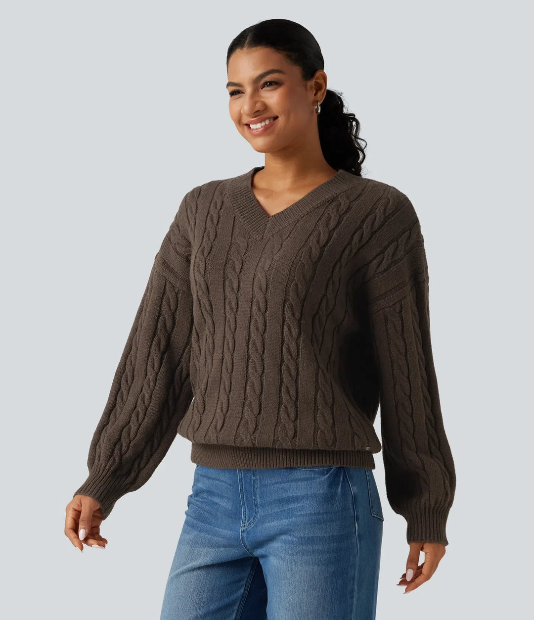 V Neck Dropped Long Sleeve Cable Knit Casual Wool-Blend Jumper
