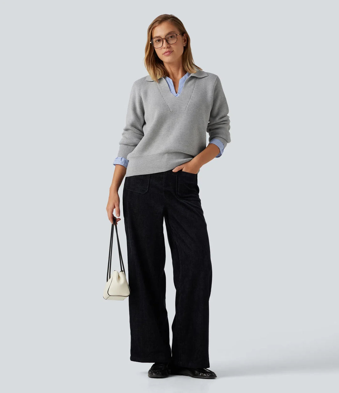 Collared V Neck Long Sleeve 2-in-1 Work Jumper