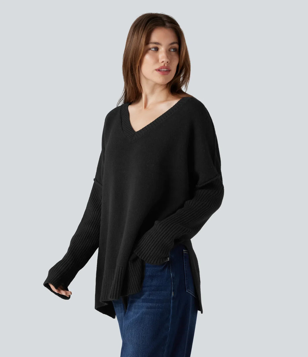 V-neck Reglan Long Sleeve Relaxed Fit Casual Jumper