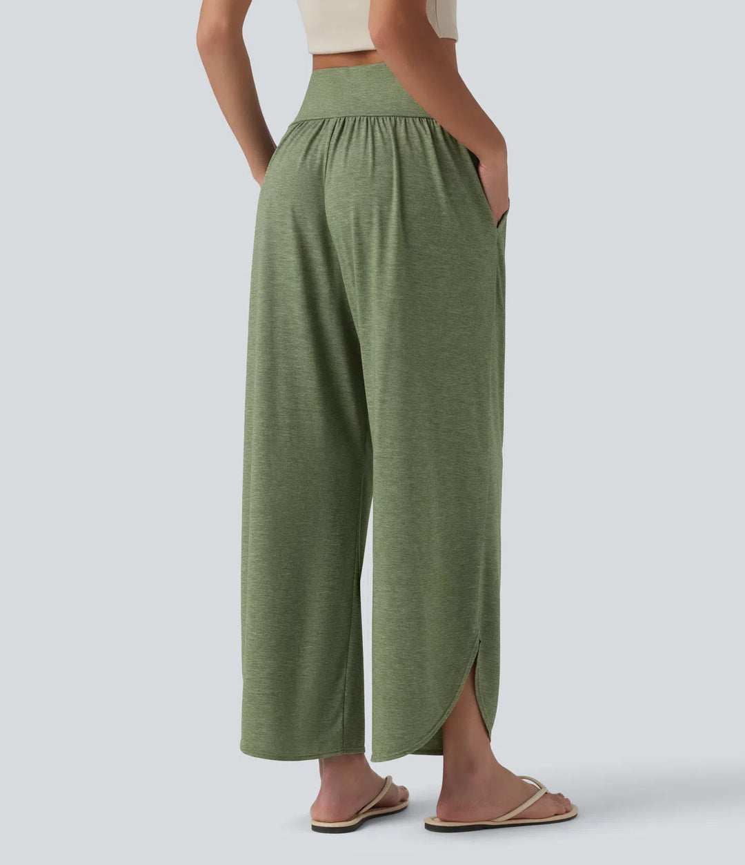 High Waisted Tummy Control Curved Hem Casual Trousers with Pockets
