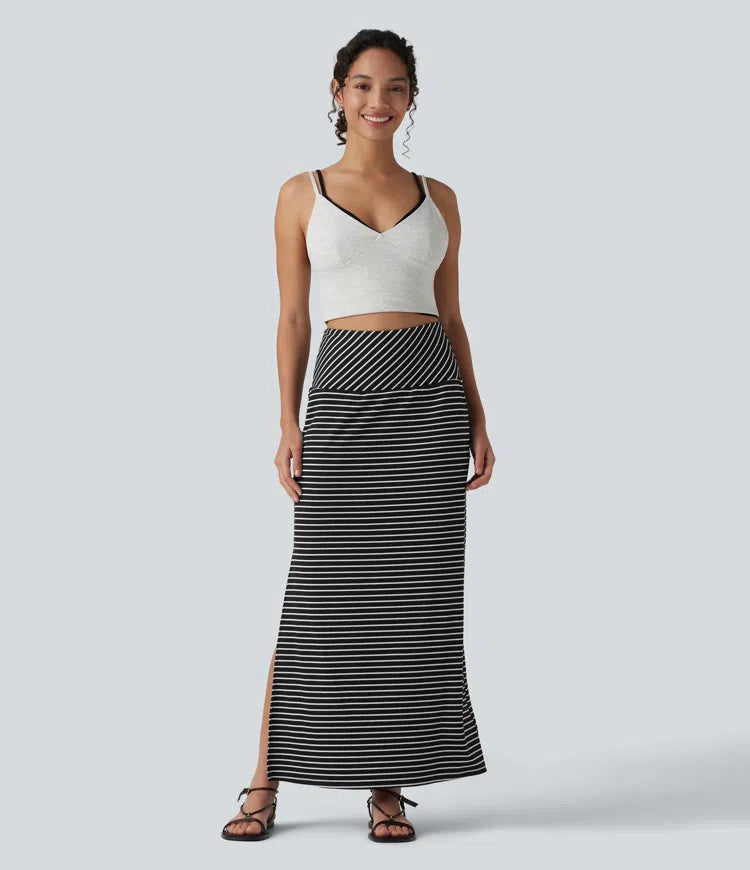 High Waisted Tummy Control Split Stripes Maxi Casual Skirt with Pockets
