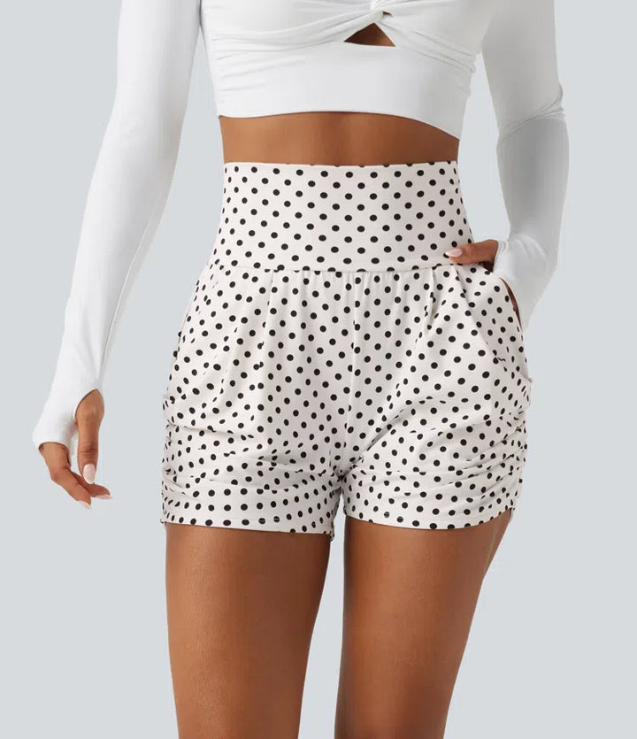 High Waisted Ruched Polka Dot Casual Shorts 3&