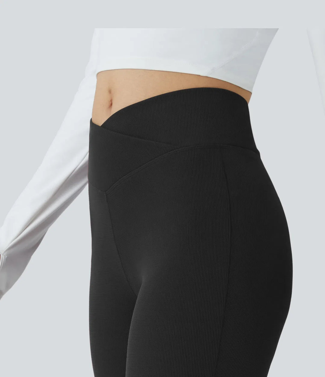 Crossover High Waisted Pocket Waffle Casual Flare Trousers
