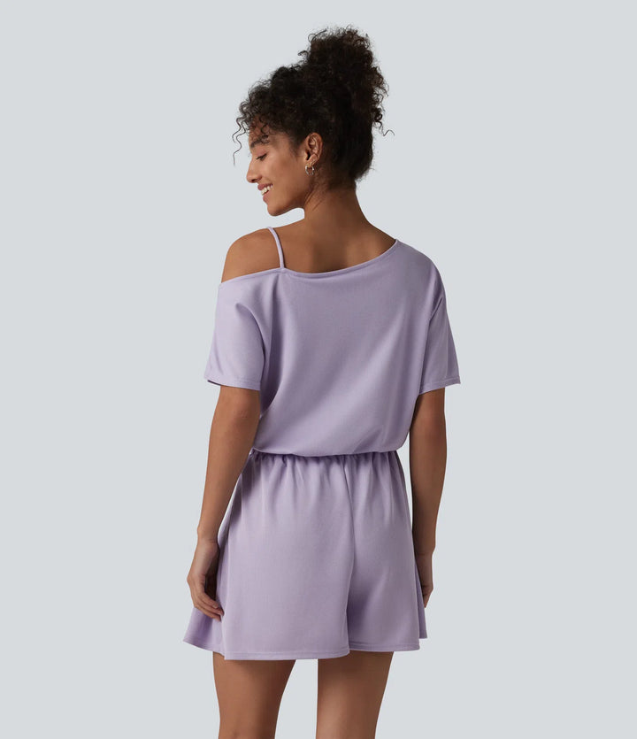One Shoulder Short Sleeve Pleated Waffle Casual Playsuit with Pockets-Easy Peezy Edition